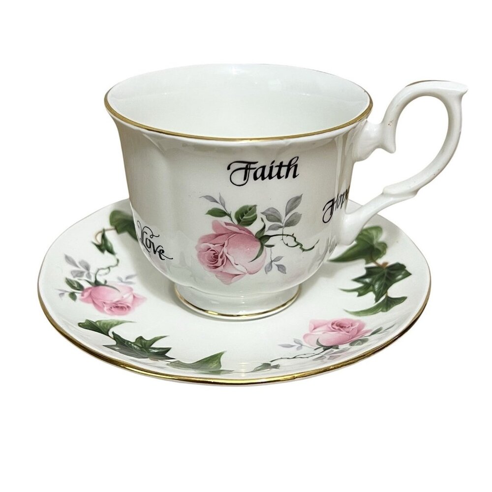 Vintage Duchess Bone China Teacup Saucer Faith Hope Love Roses Ivy Gold Tea Cup